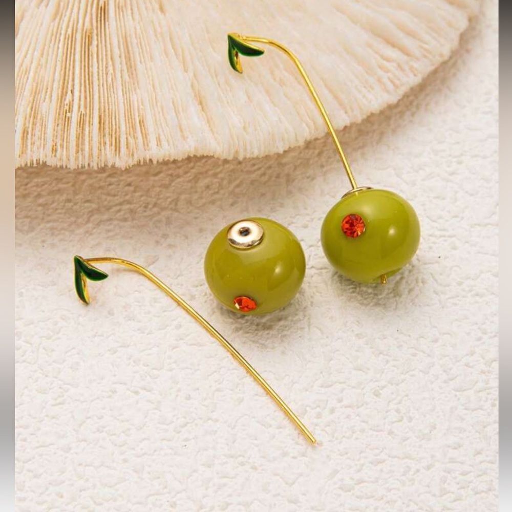 Olive Green Drop Earrings with Gold Accents S858 - Picture 2 of 6